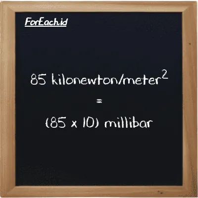 Cara konversi kilonewton/meter<sup>2</sup> ke milibar (kN/m<sup>2</sup> ke mbar): 85 kilonewton/meter<sup>2</sup> (kN/m<sup>2</sup>) setara dengan 85 dikalikan dengan 10 milibar (mbar)